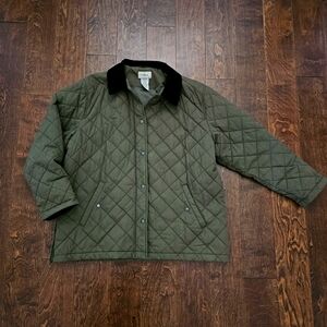Lands' End Olive Green Quilted Jacket with Black Cordorouy Collar